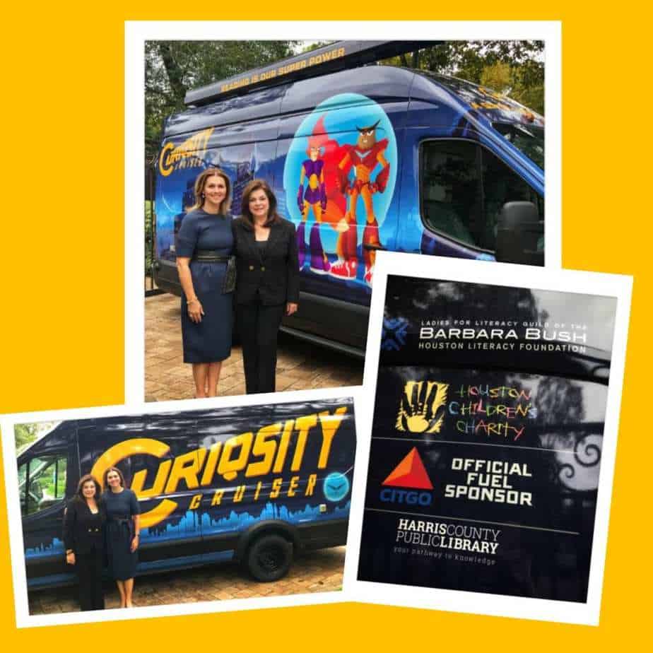 Photographed with the new Curiosity Cruiser: Houston Children’s Charity President & CEO, Laura Ward with Ladies for Literacy Guild President, Donatella Benckenstein